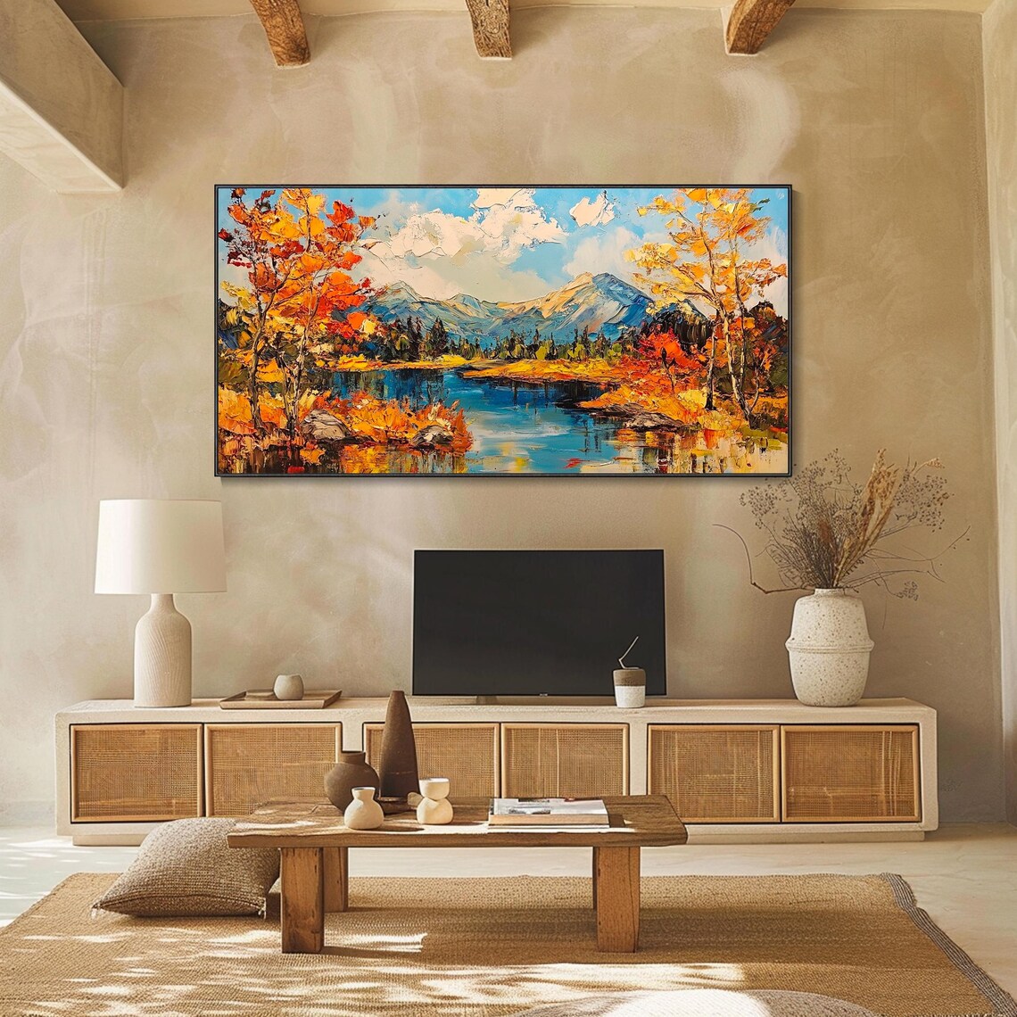 Fiery Autumn Mountain Lake Fall Foliage Impasto Oil Painting Wall Art - Image 2