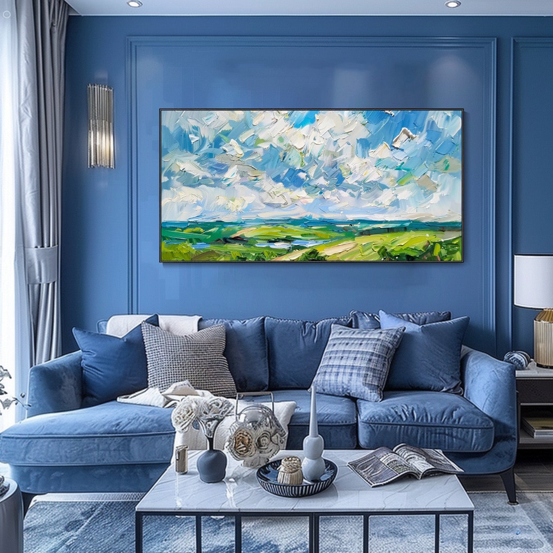 Dramatic Cloud Sky Green Rolling Hills Impasto Landscape Art Poster - Image 2