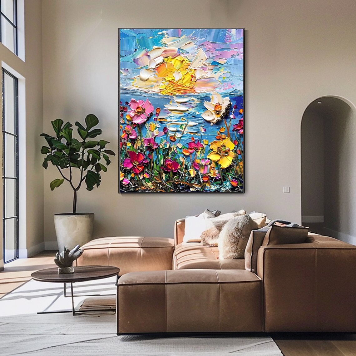 Colorful Wildflower Field Blue Ocean Sunrise Impasto Floral Art Poster - Image 2