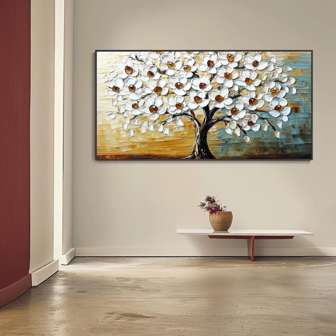 White Blossom Tree Full Bloom Golden Blue Textured Spring Wall Art - Image 4