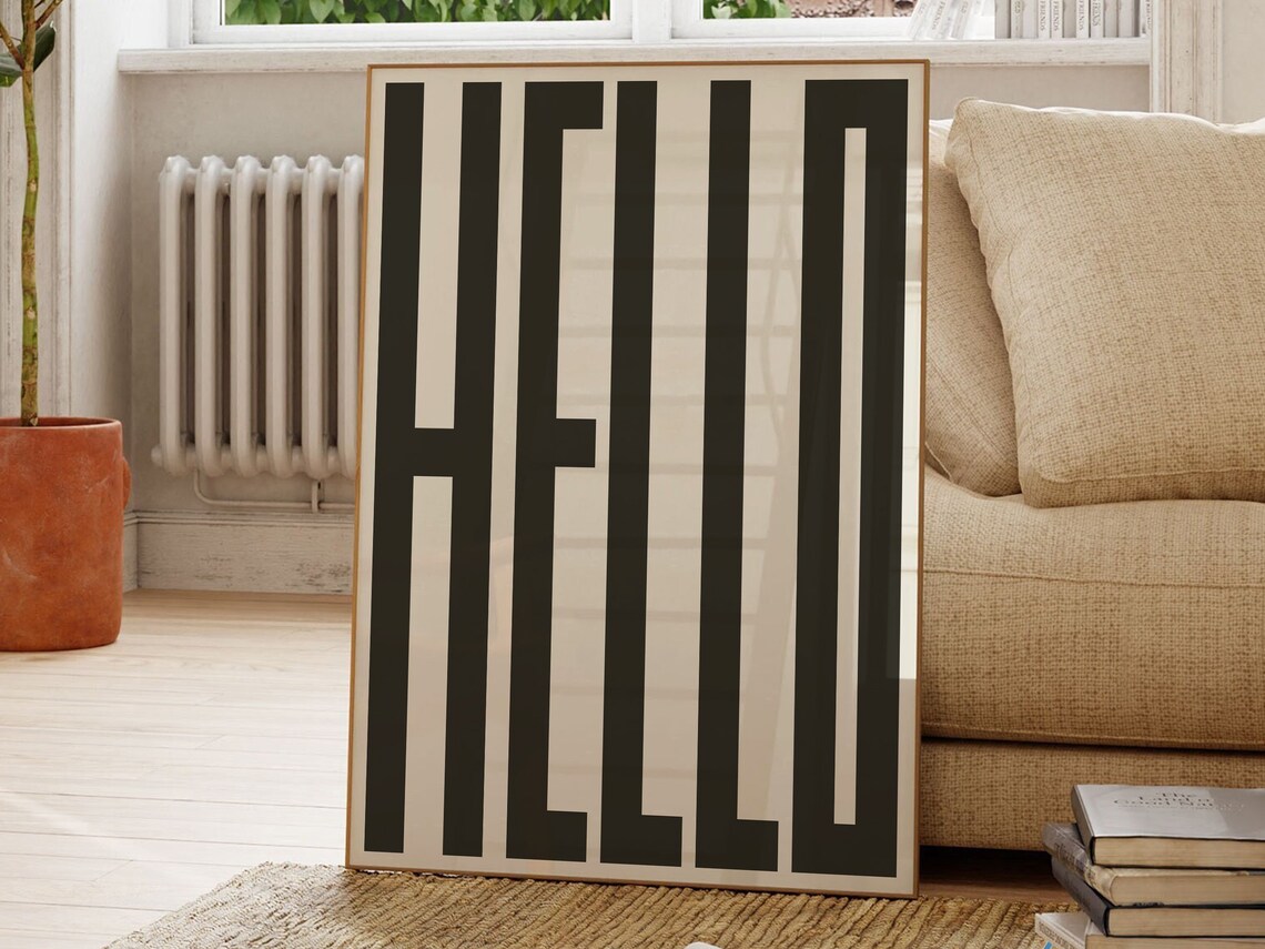 Hello Wall Art Bold Statement Black Typography Modern Galley Wall Scandi Style Decor