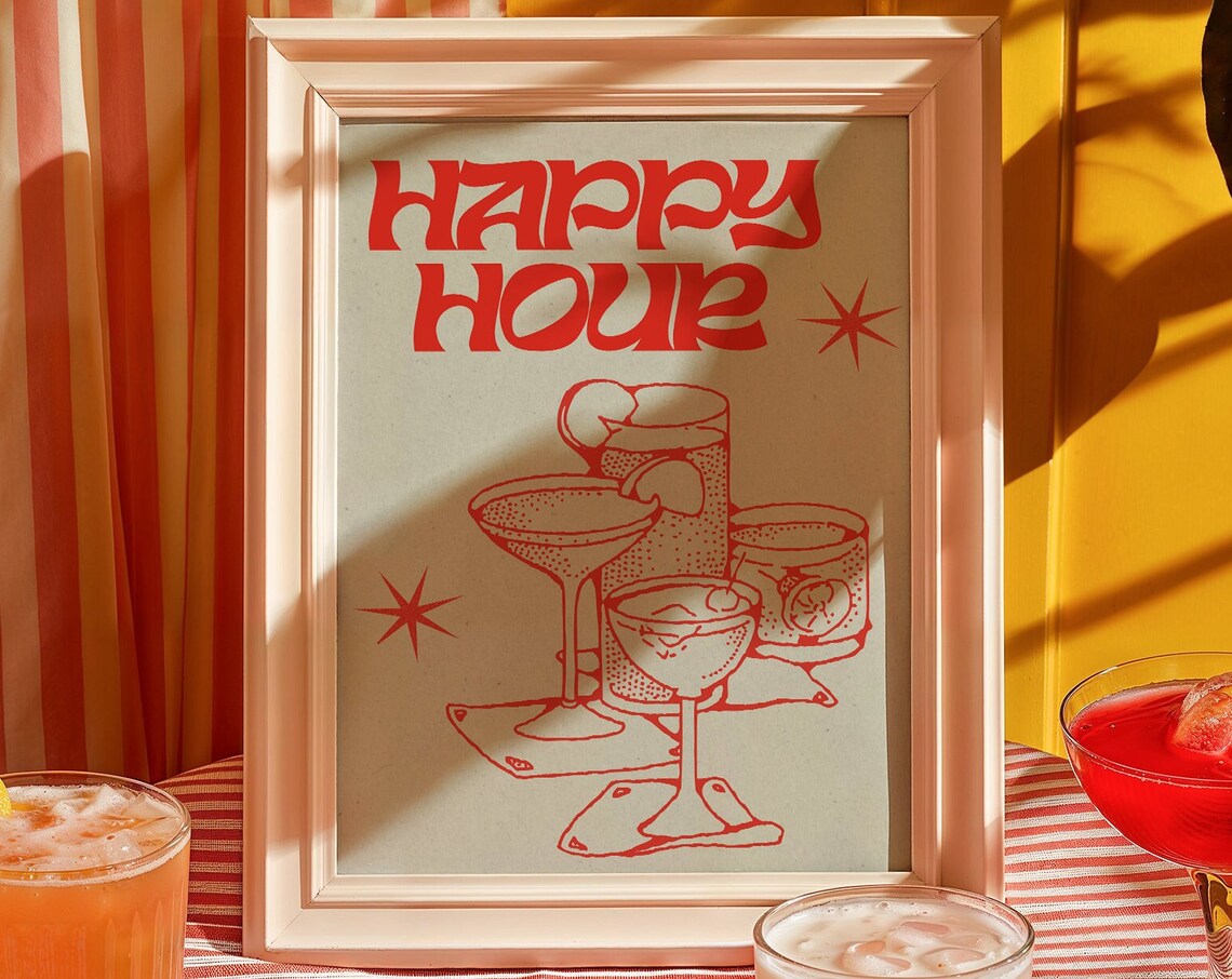 Happy Hour Red Line Art Cocktail Glasses Retro Bar Wall Poster - Image 3