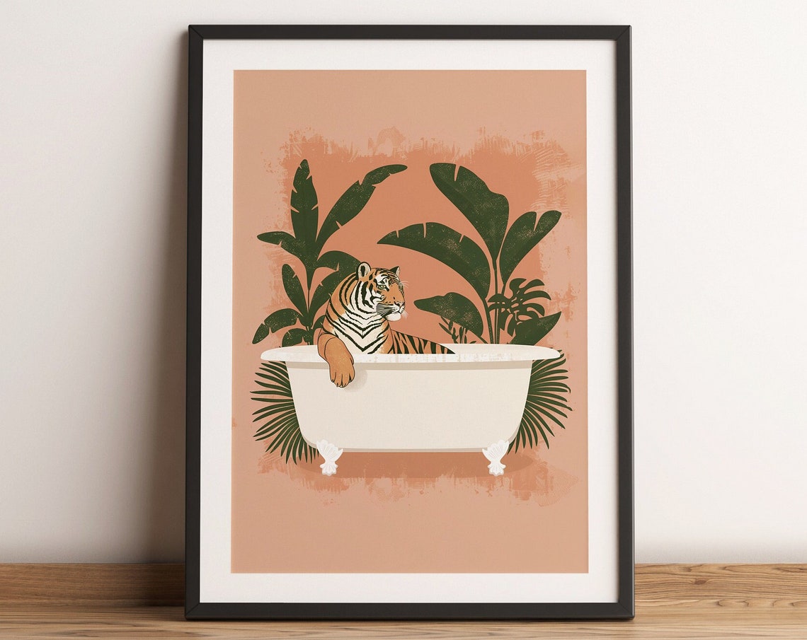 Tiger In Bathtub Tropical Animal Print Maximalist Jungle Artwork Boho Wall Art Botanical Bathroom Painting Safari Bath