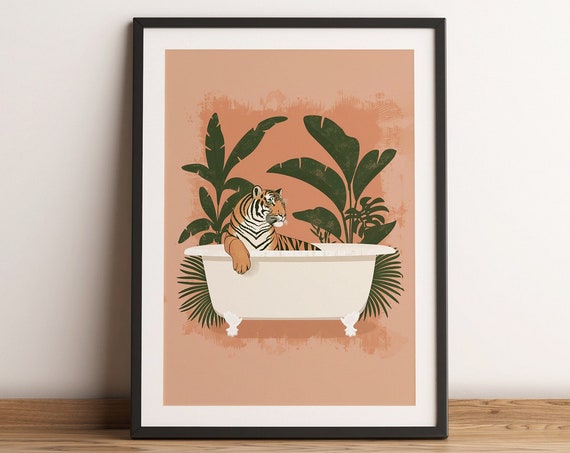Tiger In Bathtub Tropical Animal Print Maximalist Jungle Artwork Boho Wall Art Botanical Bathroom Painting Safari Bath