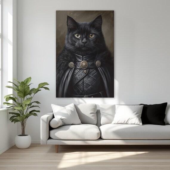 Black Cat in Dark Leather Armor Regal Portrait Fantasy Wall Art