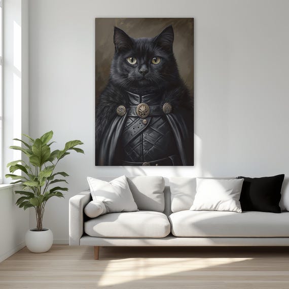 Victorian Black Cat Portrait Framed Canvas Print Fantasy Anthropomorphic Wall Art Gothic Decor Lover Gift Ready To Hang