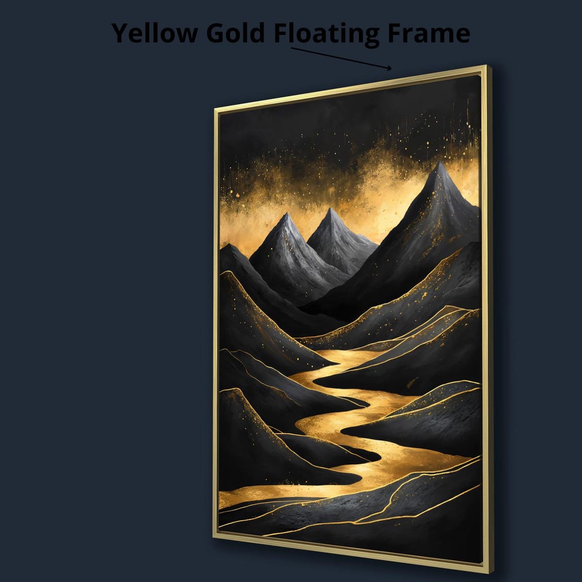 Surreal Black Gold Mountains Golden River Starry Night Abstract Poster - Image 4