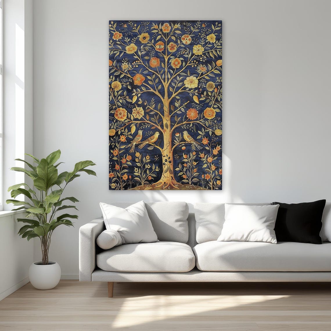 Golden Tree of Life Birds Orange Blossoms Navy Botanical Poster