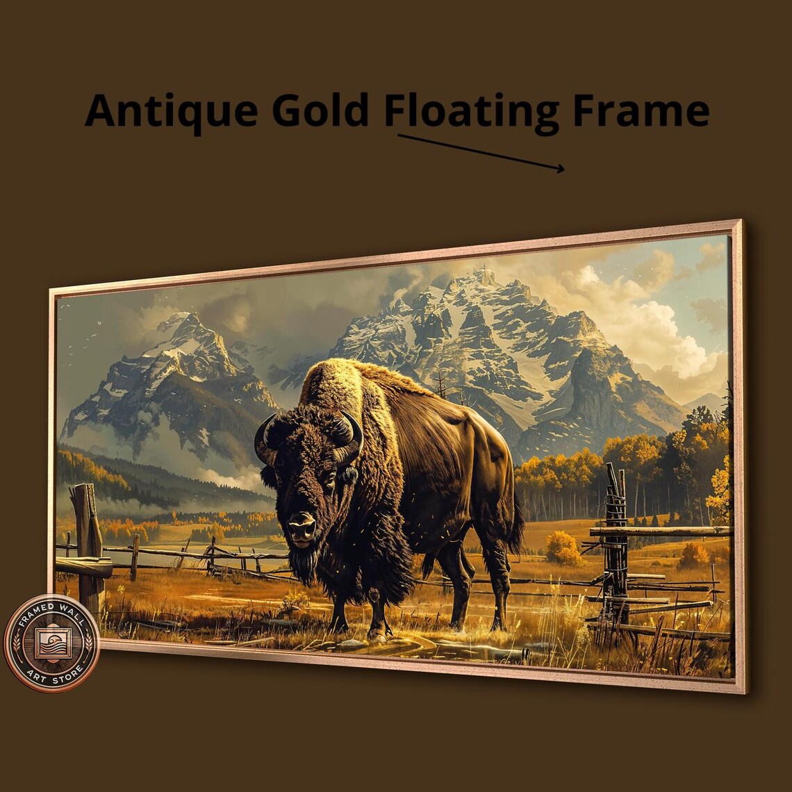 Bison Grazing In Fields Framed Print Snowy Mountains Landscape Wall Art Wildlife Painting Print Rustic Decor Ready To Hang - Image 3