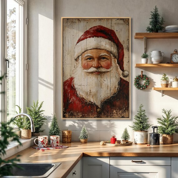 Rustic Vintage Santa Claus Portrait Farmhouse Christmas Wall Poster