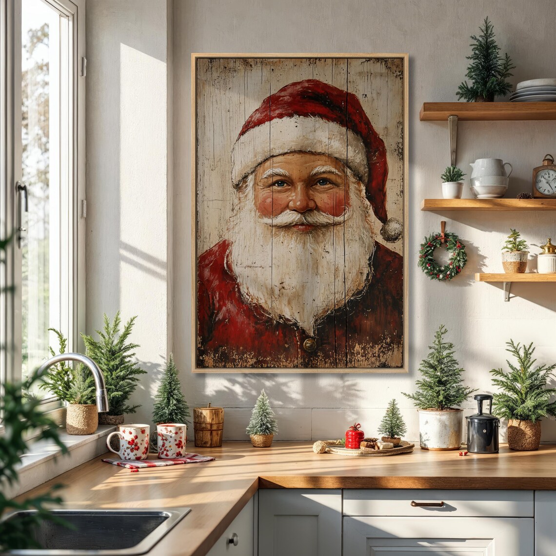 Rustic Vintage Santa Claus Portrait Farmhouse Christmas Wall Poster