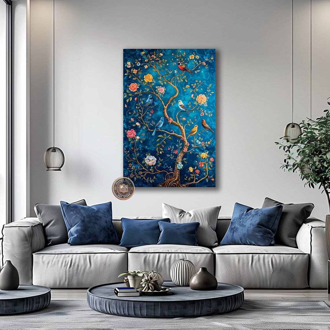 Songbirds on Branches, Colorful Floral Tree Art Print - Image 2