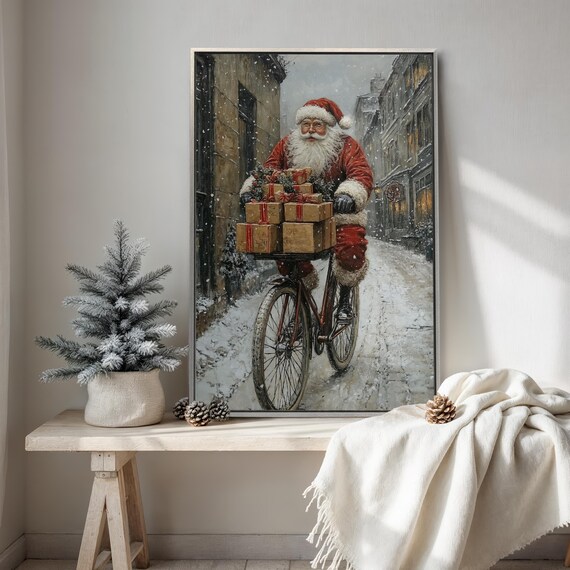 Santa Claus Riding Bicycle With Gifts In Snowy Street Poster