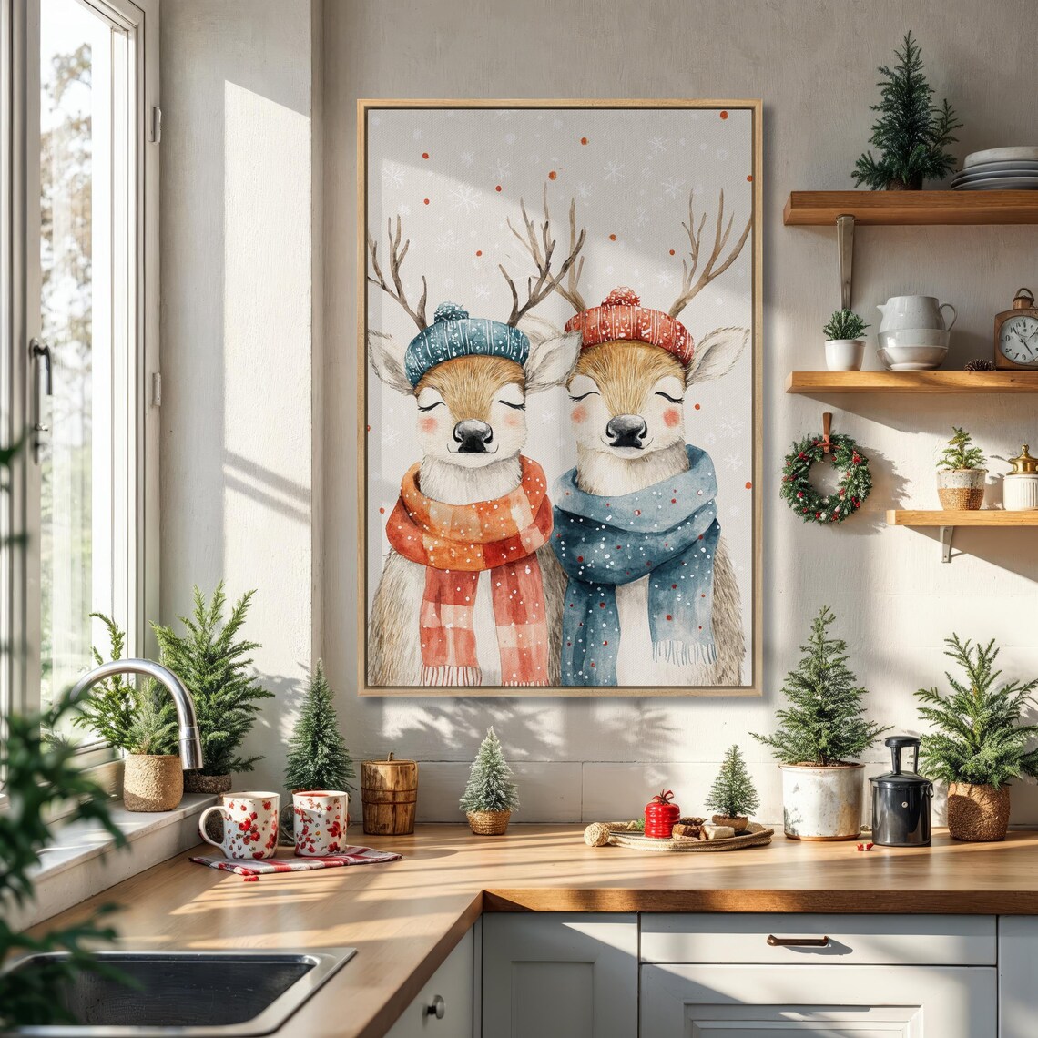 Two Smiling Reindeer Winter Hats Scarves Watercolor Christmas Holiday Poster