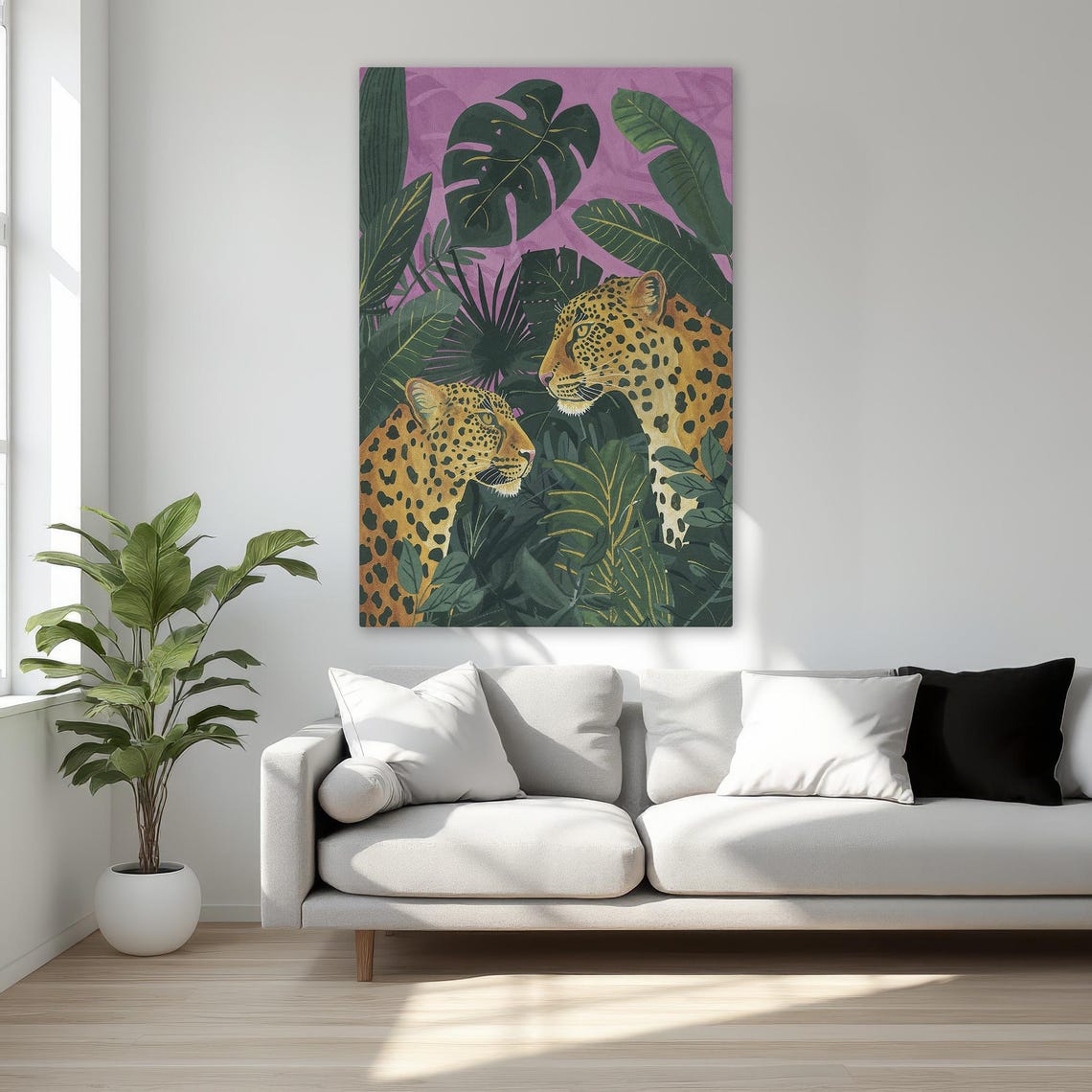 Two Leopards in Tropical Jungle Leaves Exotic Wildlife Print