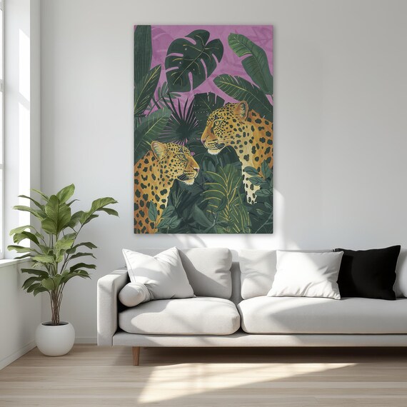 Leopard In Lush Tropical Jungle Framed Canvas Print Wildlife Beauty Poster Exotic Animal Wall Art Decor Gift For Her Ready To Hang