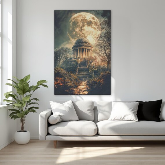 Moonlit Ancient Temple Stone Steps Giant Moon Night Canvas Poster