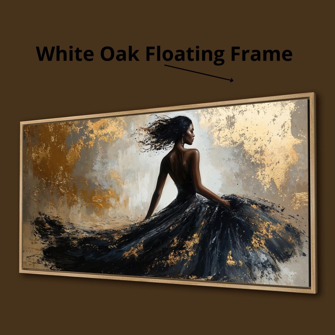 Elegant Woman In Black Dress Flowing Gold Abstract Fashion Art Poster - Image 3
