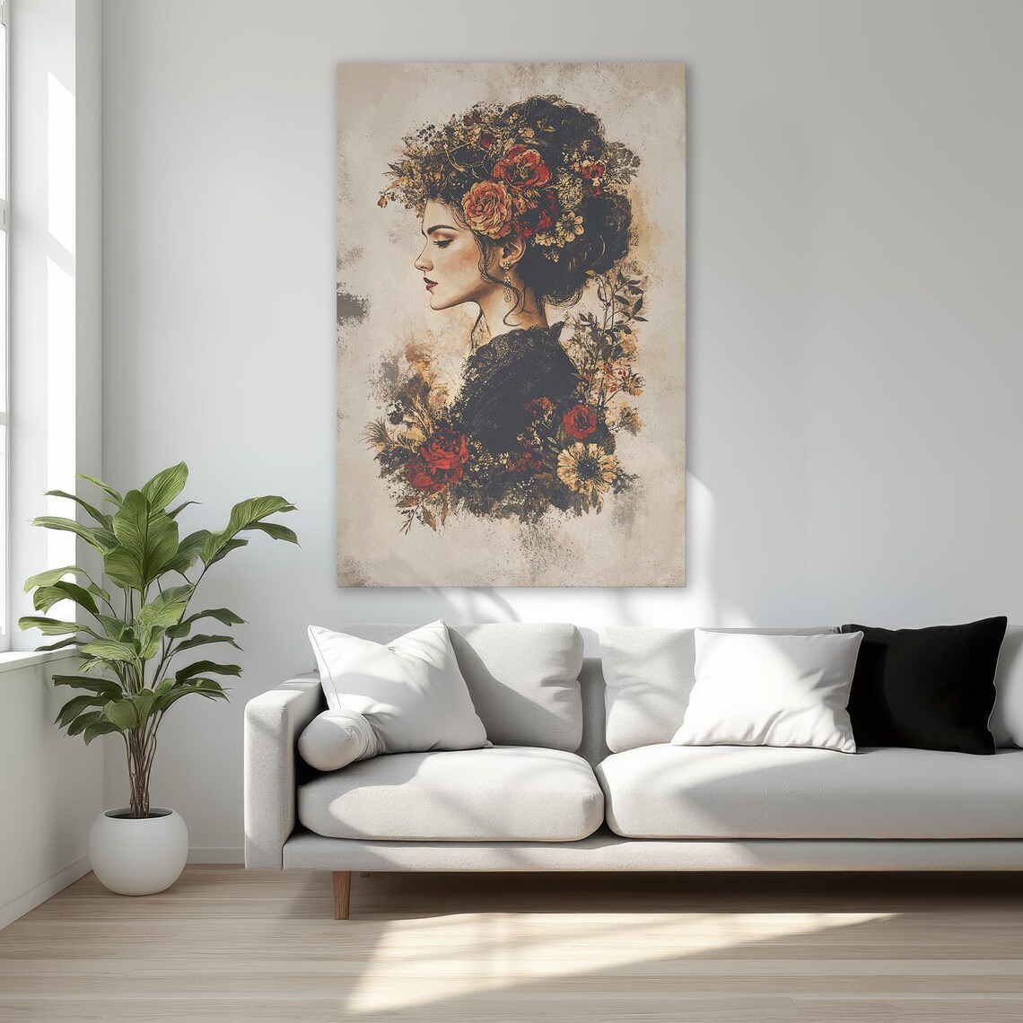 Moody Woman Profile Autumn Floral Hair Vintage Dark Romance Art Poster