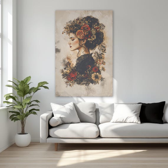Romantic Framed Canvas Print Moody Woman With Flowers Art Feminine Beauty Wall Gothic Vintage Home Decor Ready To Hang