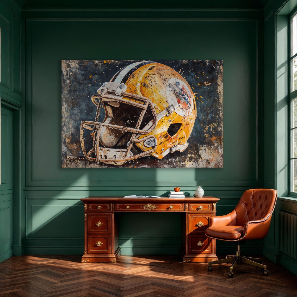 Distressed Yellow Football Helmet Vintage American Sports Poster