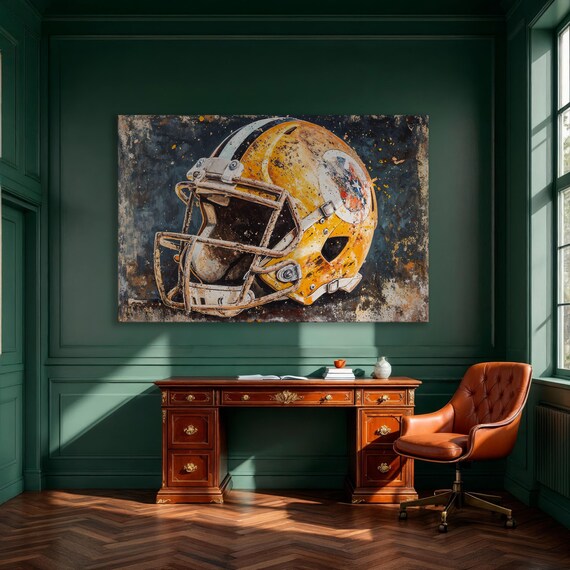 Distressed Yellow Football Helmet Vintage American Sports Poster