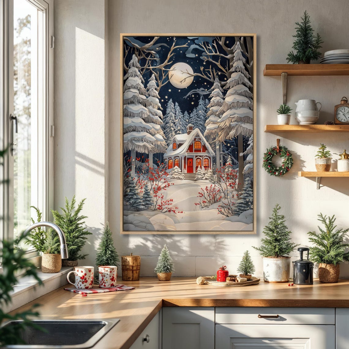 Snowy Red Cottage In Moonlit Forest Winter Night Scene Wall Art