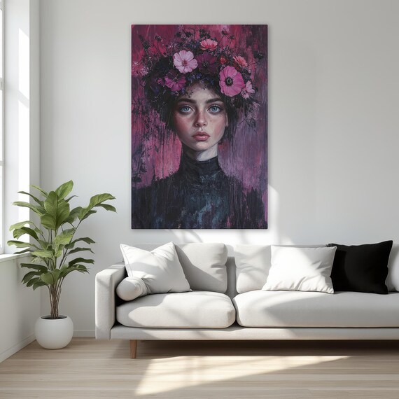 Gothic Beauty with Pink Flower Crown Dark Floral Portrait Poster