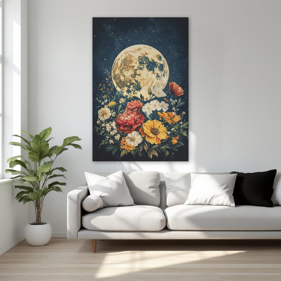 Full Moon Night Sky Floral Bouquet Celestial Mystical Wall Art