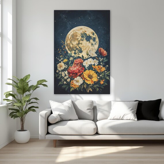 Full Moon Night Sky Floral Bouquet Celestial Mystical Wall Art