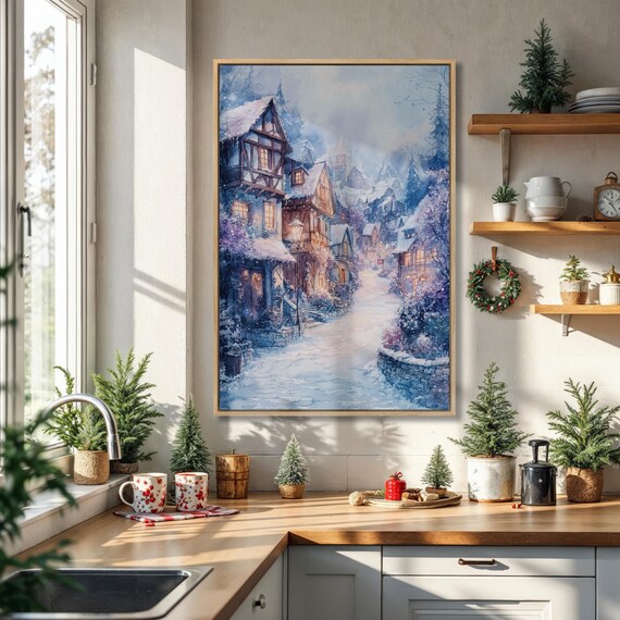 Serene Snowy Christmas Village Street in Blue Winter Light Poster