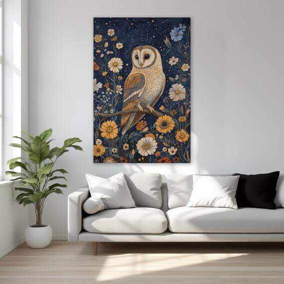 Starry Night Charming Owl Framed Canvas Print Nocturnal Bird On Branch In Wildflowers Wall Art Botanical Decor Ready To Hang