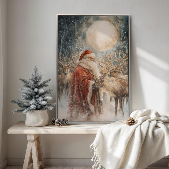 Santa Claus With Reindeer Moonlit Watercolor Christmas Painting Poster