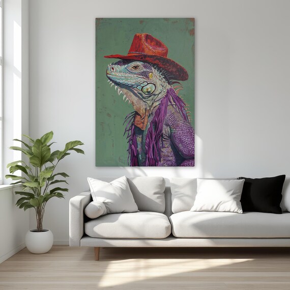 Cowboy Iguana Portrait in Red Hat Funny Quirky Reptile Poster