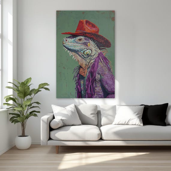 Quirky Lizard Cowboy Art Framed Canvas Print Funny Reptile Portrait Wall Fancy Animal Iguana Decor Ready To Hang