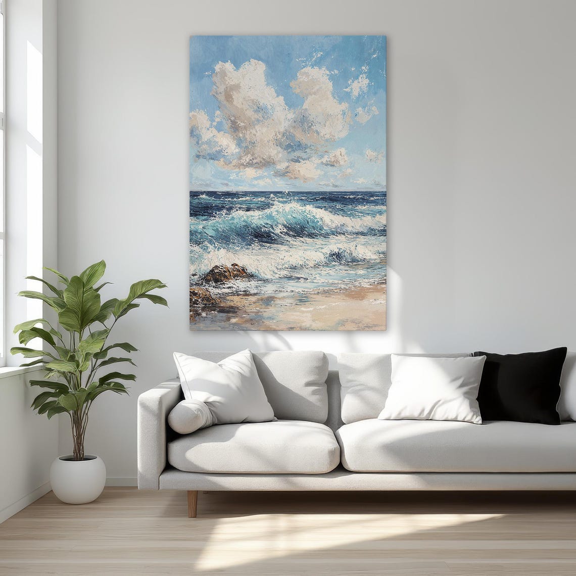 Coastal Seascape Cloudy Sky Blue Ocean Waves Canvas Wall Art
