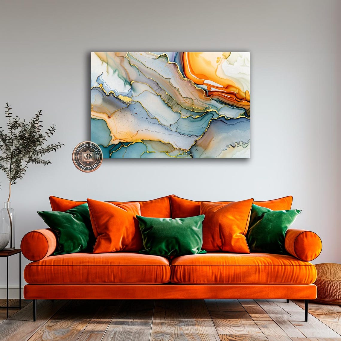 Abstract Teal Orange Gold Marble Fluid Ink Luxury Wall Poster - Image 2