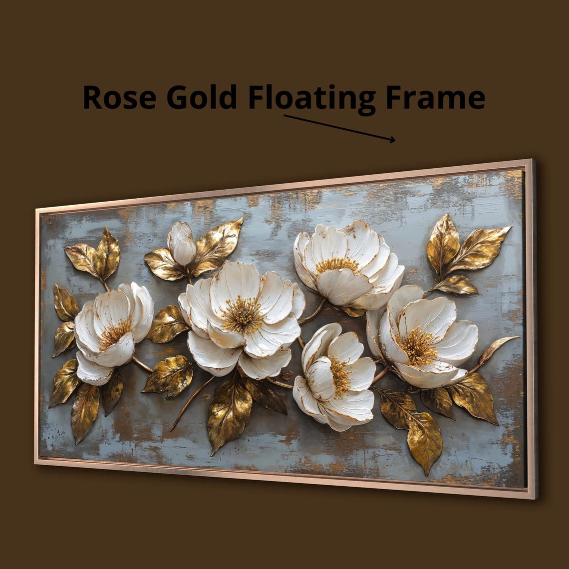 White Flowers With Gold Leaves Textured Relief Botanical Poster - Image 3
