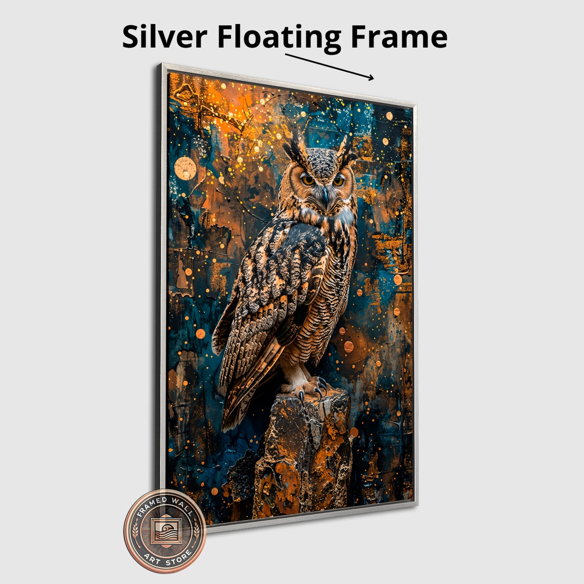 Great Horned Owl Perched On Stump In Teal And Gold Abstract Poster - Image 4