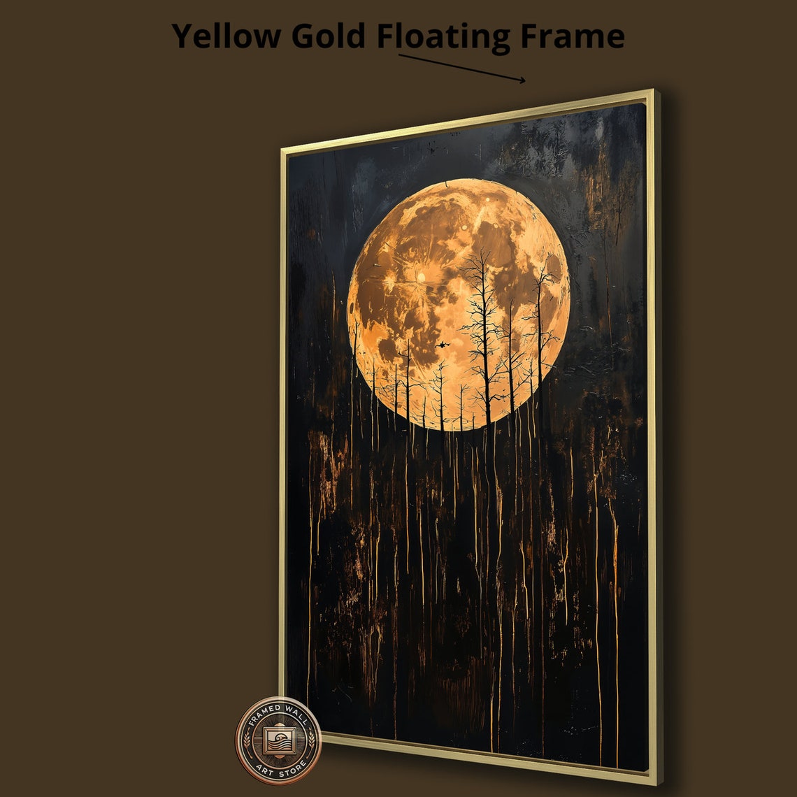 Golden Full Moon Dark Bare Forest Eerie Night Landscape Art Poster - Image 3