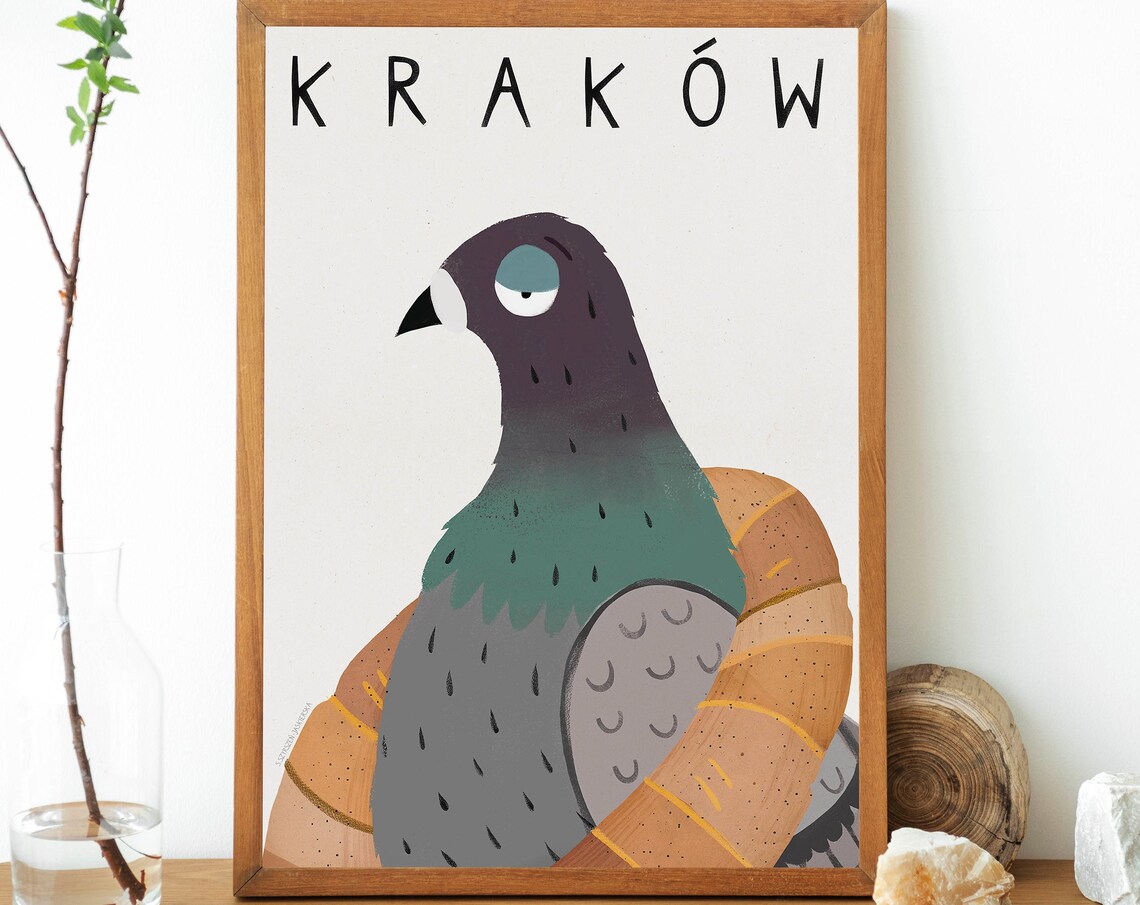 Krakw Poland Travel Poster, Cracow Pigeon Illustration