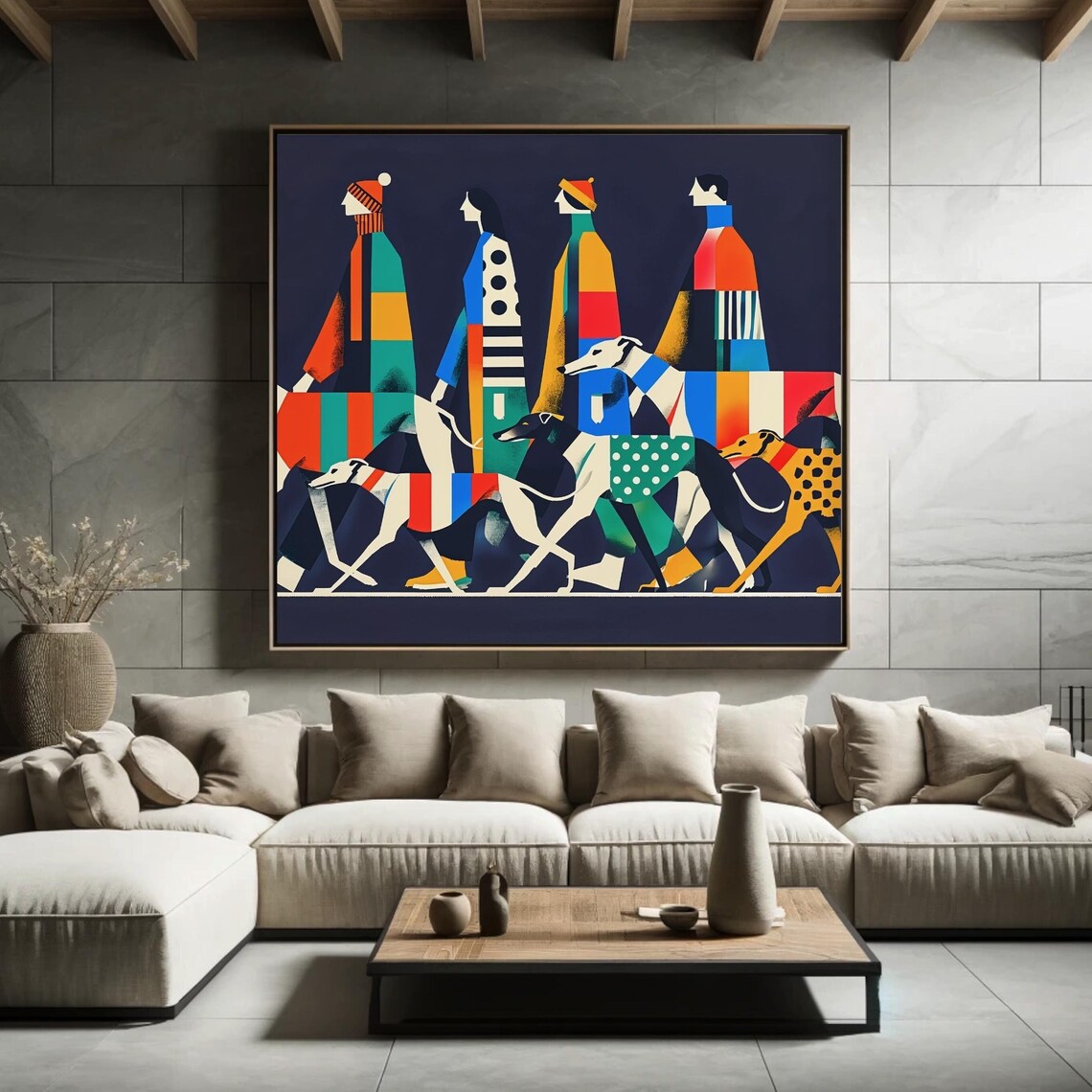 Night Walk Greyhounds Colorful Coats Modern Geometric Dog Art Poster - Image 5
