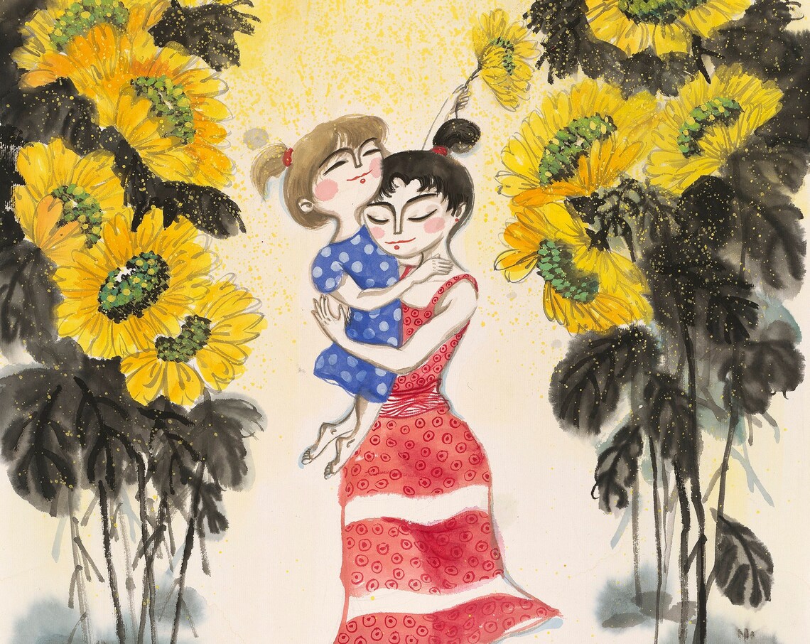 Mom and Daughter Sun Flowers, Chinese Painting Art Print - Image 4