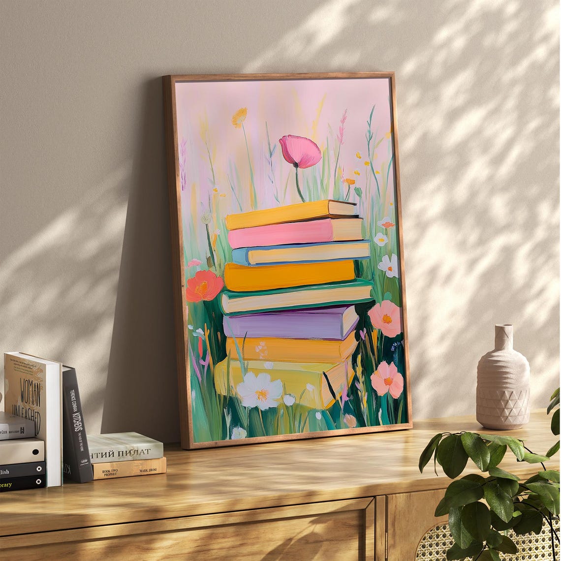 Pastel Book Stack in a Wildflower Meadow Under a Pink Sky Poster - Image 2