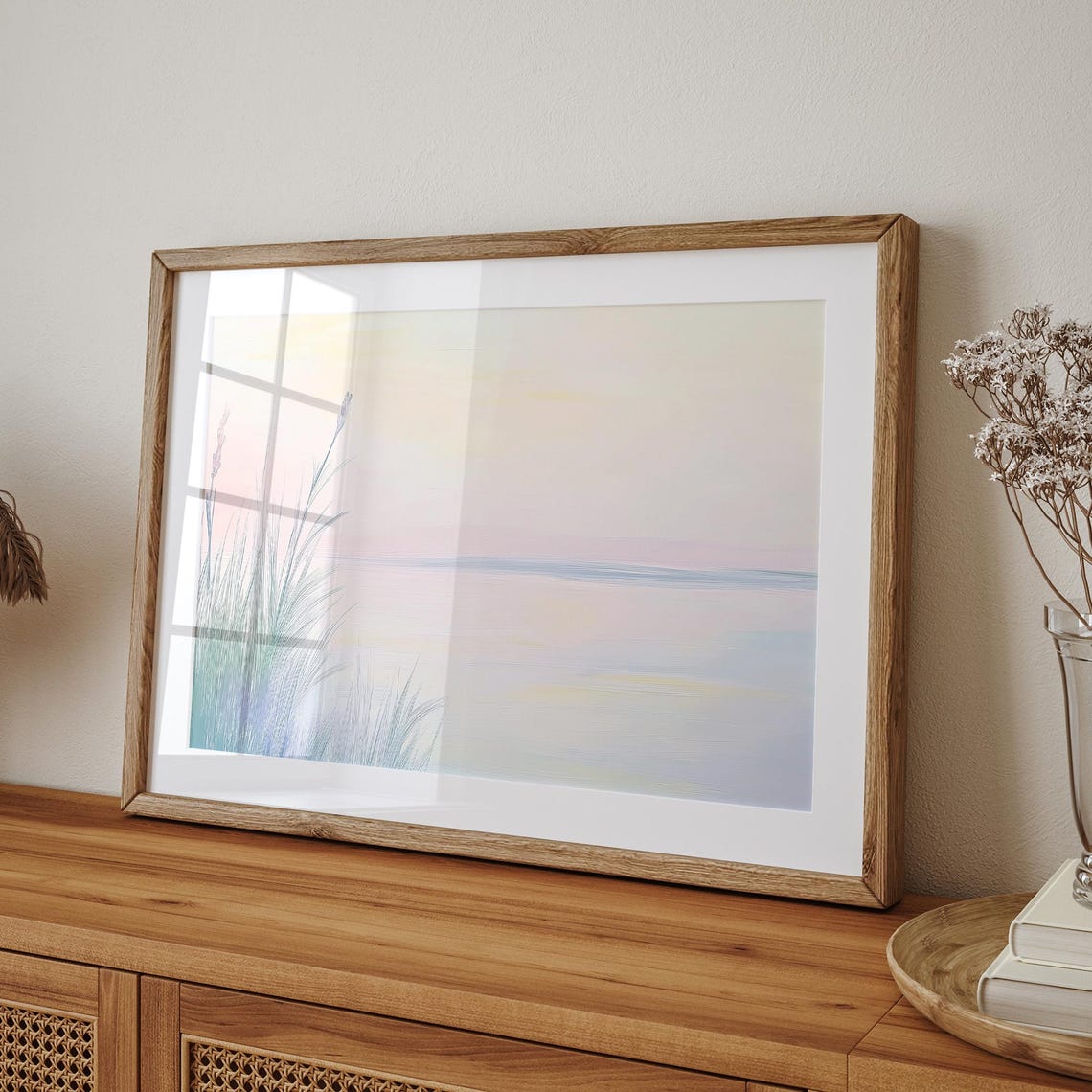 Muted Pastel Reeds at Misty Lakeside Minimalist Landscape Poster - Image 3