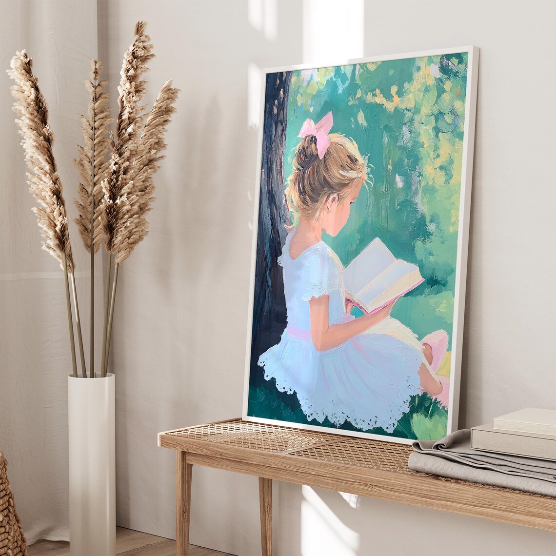 Blonde Girl Reading Under Green Tree White Dress Kids Poster - Image 2