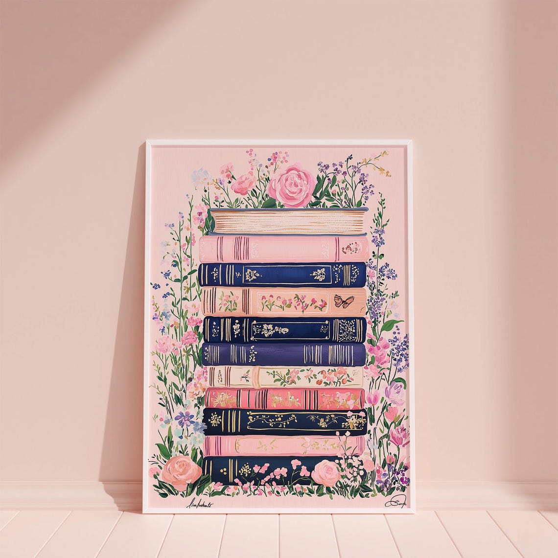 Blush Pink Book Stack Floral Roses Reading Nook Book Lover Poster - Image 6