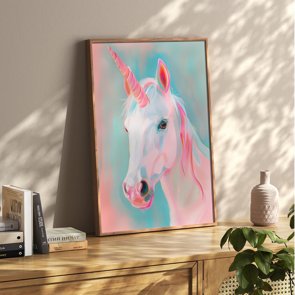 Pastel White Unicorn Portrait With Rainbow Horn Fantasy Art Poster - Image 2