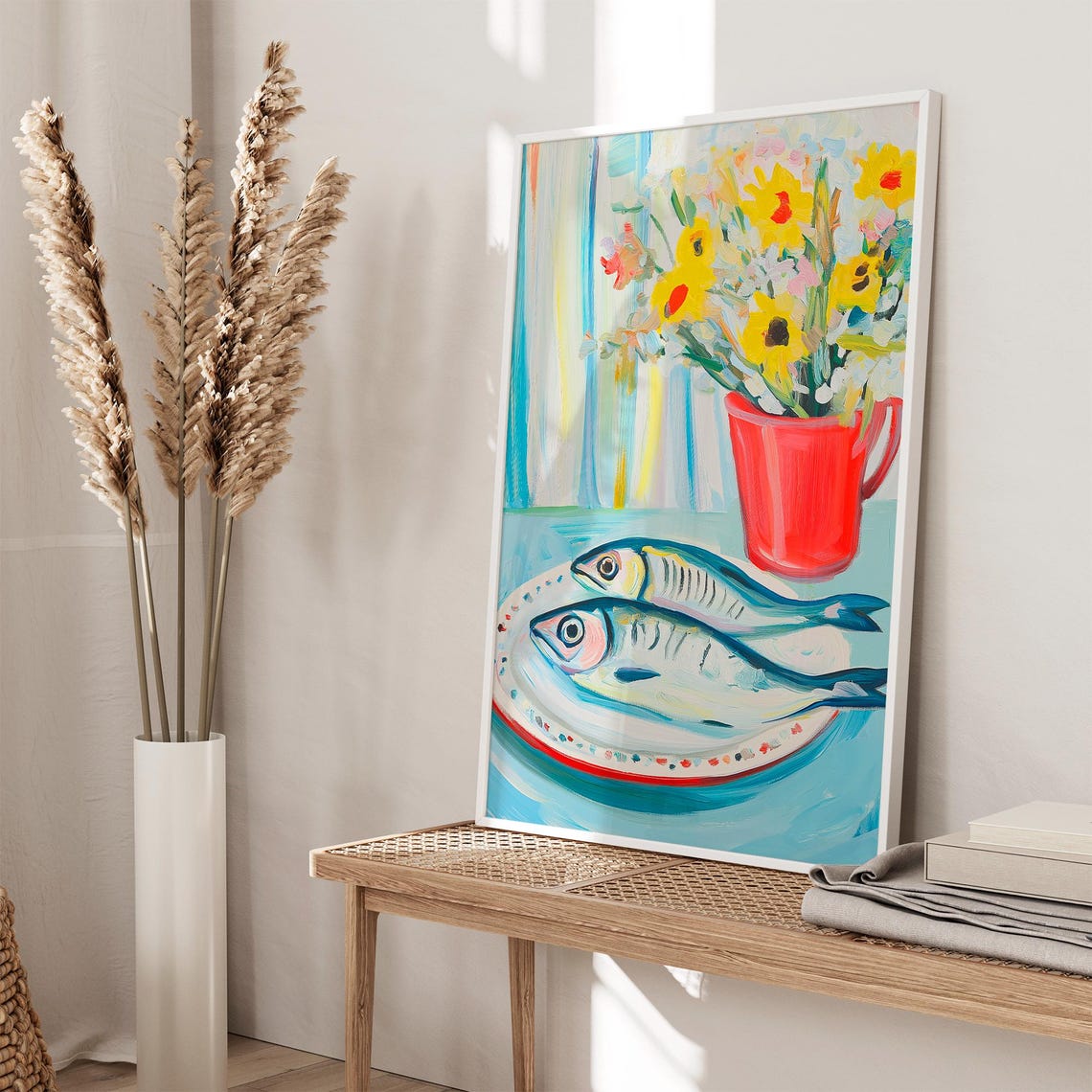 Two Fish on Plate With Wildflowers Coastal Kitchen Still Life Poster - Image 6