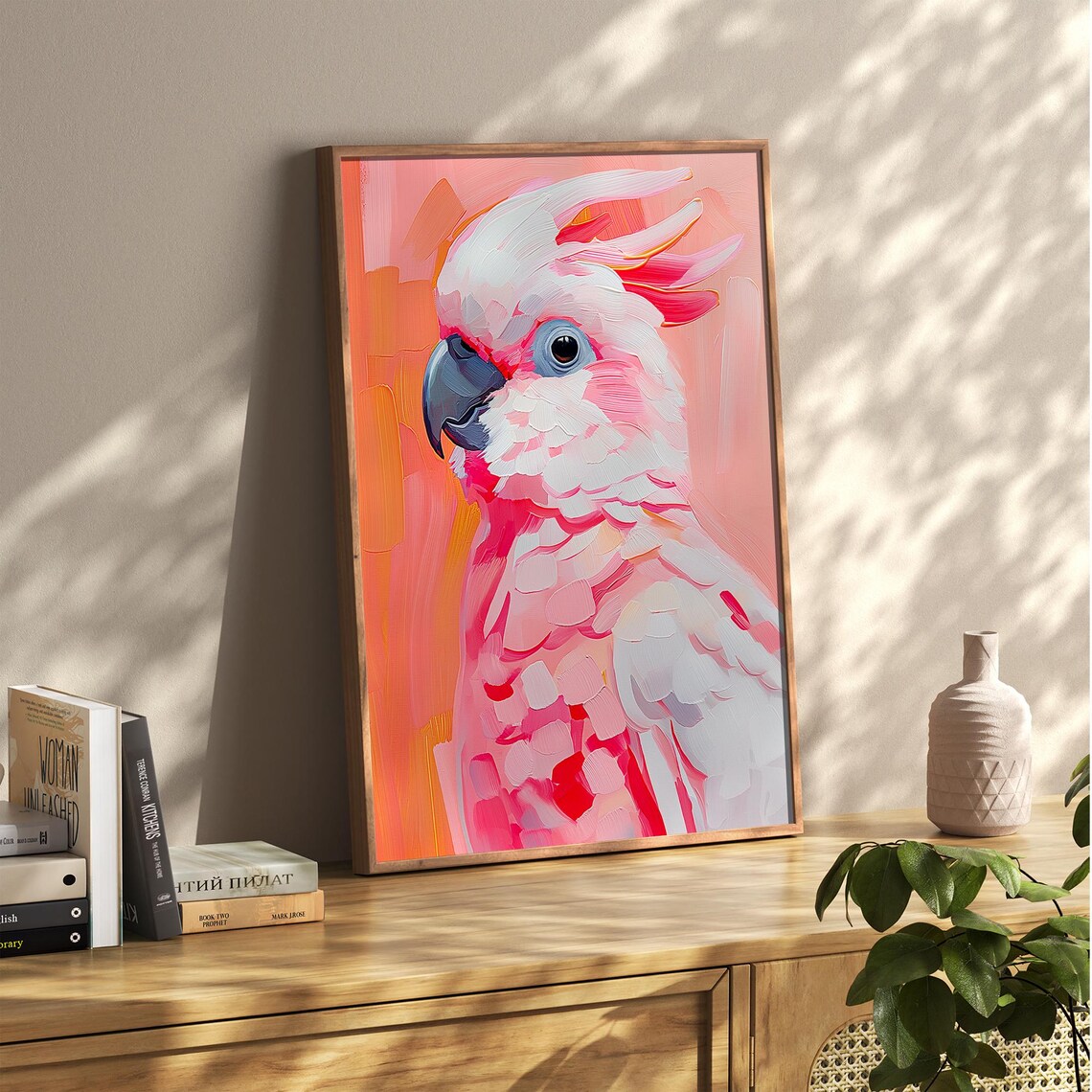 Pink Cockatoo Portrait Impasto Bird Painting Tropical Wall Art - Image 4